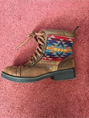 Target Light Brown Lace-Up Combat Boots with colorful Aztec Accent
